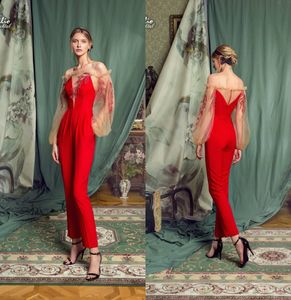 2019 cocktail jurken mode vrouwen jumpsuits off the shoulder kant geappliceerd lange mouw prom jurk elegante avondjurken