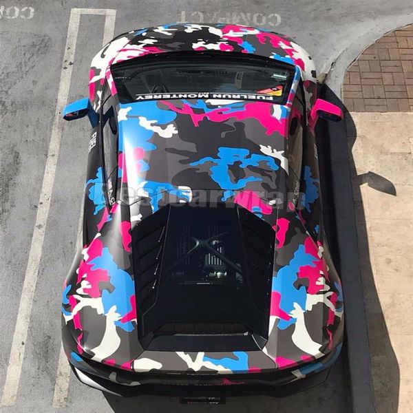 2019 Enveloppe de vinyle Camo noir bleu rose coloré pour wrap de voiture de véhicule Graphiques Camo couvrant des autocollants feuille avec bulle d'air 1 52x2869