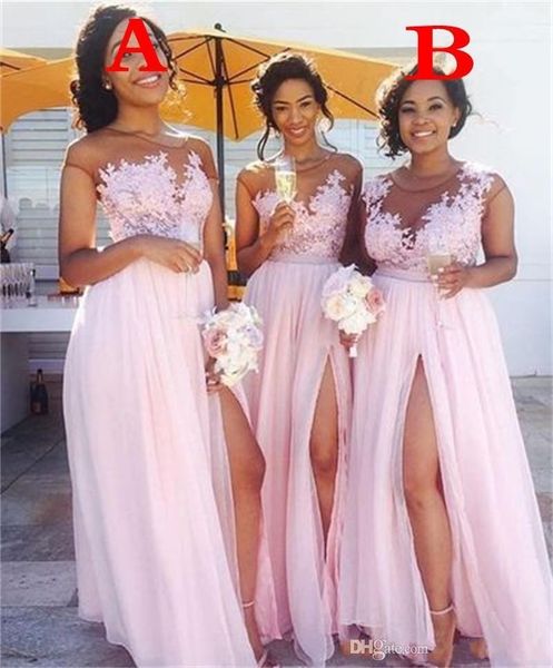 2019 Country Black Girl Une ligne robes de demoiselles d'honneur longue bijou cou dentelle appliques pas cher en mousseline de soie haute fente longueur de plancher robes d'invité de mariage