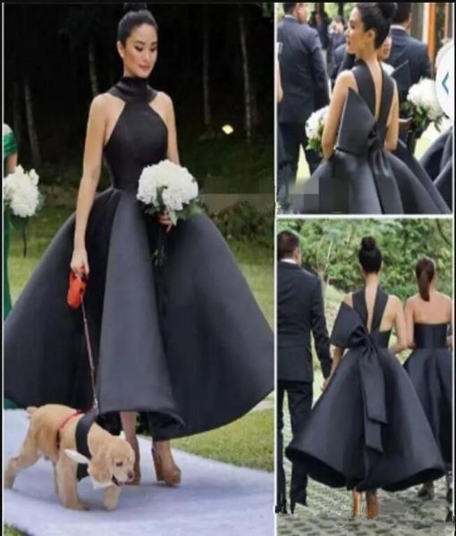 2019 Vestidos de dama de honor de campo con un gran lazo, espalda sexy, pequeños vestidos de fiesta negros, vestido de dama de honor hasta el tobillo de satén 8080734