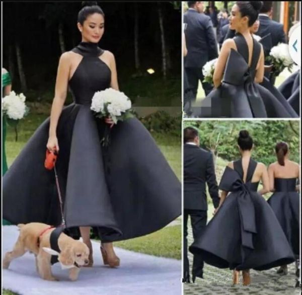 2019 Vestidos de dama de honor campestres con un gran lazo, espalda sexy, pequeños vestidos de fiesta negros, vestido de dama de honor hasta el tobillo de satén 5043850