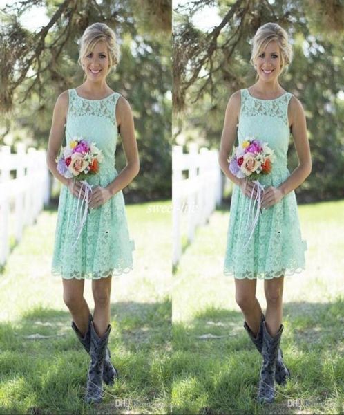 2019 Mini vestidos de dama de honor cortos de encaje verde menta rural Vestido formal para dama de honor juvenil y adulta Hasta la rodilla Fiesta de bodas 5418166