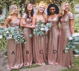 2019 Country Rose Gold Lentejuelas Vestidos de dama de honor Estilos mixtos Una línea Sin espalda Hasta el suelo Vestidos de dama de honor Bodas en el jardín b7930288