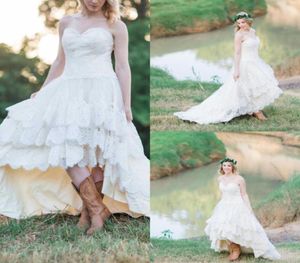 2019 Country Western High Low Wedding Jurken Lace Sweetheart Lace Up Back Aline Tiered Custom Made Bruids Jurken Plus Size China 6391134