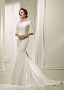 2019 crêpe zeemeermin bescheiden trouwjurken met 3/4 mouwen kralen halslijn en mouwen lage rug vrouwen elegante receptie jurken Couture Custom