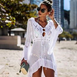 2019 Crochet blanco tejido playa Vestido tipo pareo túnica larga Pareos Bikinis cubrir traje de baño Plage Beachwear215z