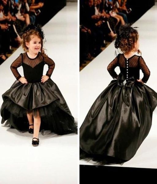 2019 Cupcake Princesse Robe De Bal Noir Taffetas Haut Bas Fille Pageant Robes avec Manches Longues Mode Enfants Vêtements De Soirée Robes De Bal1630409