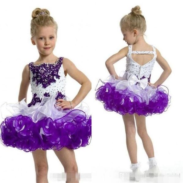 2019 Custom Glitz Cupcake Girl Girl Pageant Robes Toddler Spaghetti Neck avec Crystal Purple et blanc avec Bow Kids Prom Ball3255770