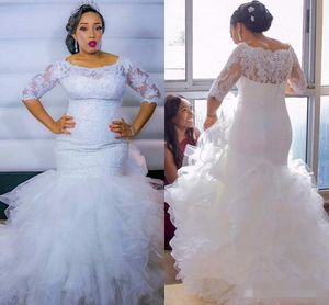 2019 robes de mariée sirène sur mesure avec 3/4 manches longues en dentelle appliques jupe à plusieurs niveaux balayage train jardin mariage robe de mariée