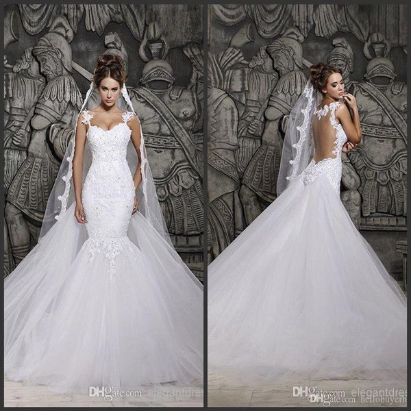 2019 robes de mariée sur mesure belle cour train illusion dos transparent dentelle perlée sirène printemps robes de mariée mariée G325O