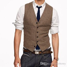 2019 Aangepaste bruiloft Waistcoat Vintage Brown Tweed Vest Wool Herringbakgom Vesten Britse stijl Heren Pak Vesten Slim Fit Mens DR309N