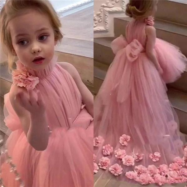 2019 robes de filles à petites fleurs rose clair mignonnes en Tulle col haut robes de princesse d'anniversaire pour enfants robes à plusieurs niveaux avec appliques 3D