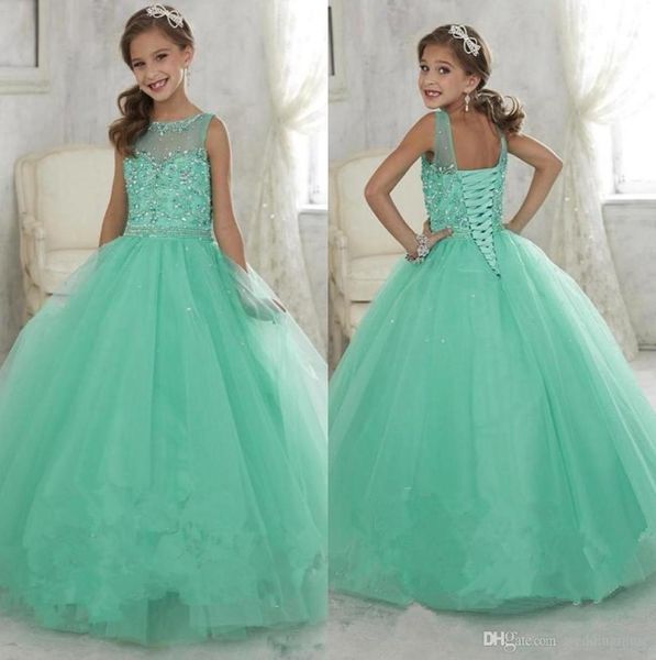 2019 Mignon Menthe Vert Petites Filles Pageant Robes Tulle Sheer Ras Du Cou Perles Cristaux Corset Retour Fleur Filles Anniversaire Princesse4719247