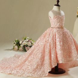 2019 Jolie en dentelle rose salut basse fleur robes robes de boule bijou avec ceinture gilrs concours de concours première robe de communion 191a