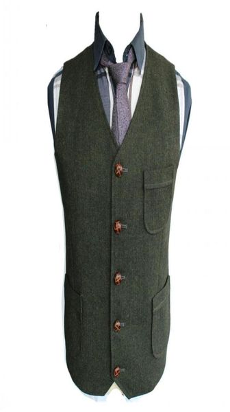 2019 Gilets de marié vert foncé Pays de mariage Laine Tweed à chevrons Gilet Slim Fit Men039s Costume Gilet Robe Manteau Robe Gilet F5069925