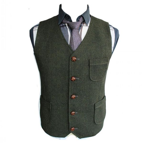 2019 Chalecos de novio verde oscuro Chaleco de tweed de lana de espiga de boda de campo Chaleco de traje de hombre ajustado Vestido de abrigo Chaleco de vestir F211Q