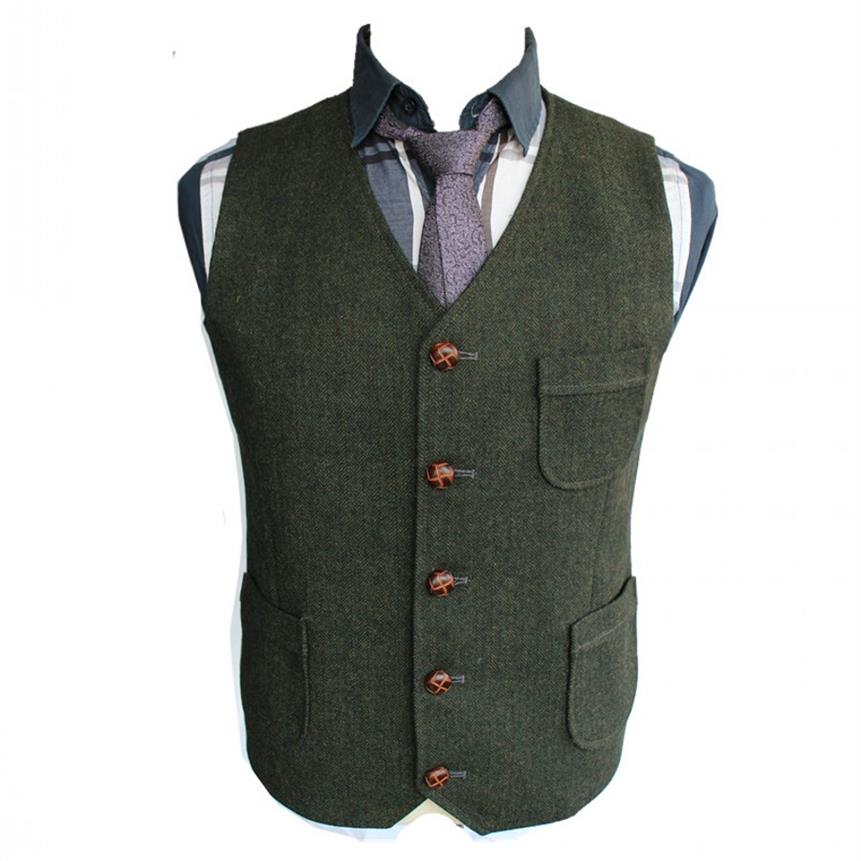2019 Dark Green Groom Vests Country Wedding Wool Herringbone Tweed Vest Slim Fit Men's Suit Vest Dress Coat Dress Waistcoat F2428
