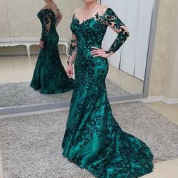 2019 Dark Green Long Long Mother of the Bride Lace Lace Sheer Sheer Party Farty Gowns Vestidos de invitados formales Vestidos de graduación de la sirena 255O