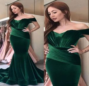 2019 Dark Green Velvet Mermaid Prom jurken formele avondkleding off schouderavondjurken geplooide vloer lengte feestjurk BC03715310075