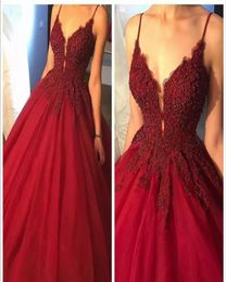 2019 Dark Red Long Prom Dress Spaghetti Straps Lace Appliques Holidays Formal Wear Gown Fiest Party Hecho más 9873959