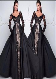 2019 Deep V Neck Black Evening Jurken Detachable Rok Lace Applique Elegant Evening Jurk Formal Dress 20189280873