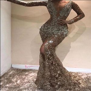 2019 col en V profond manches longues paillettes sirène longues robes de soirée perlées maille transparente côté sexy fendu dos nu fête formelle bal Dr3301