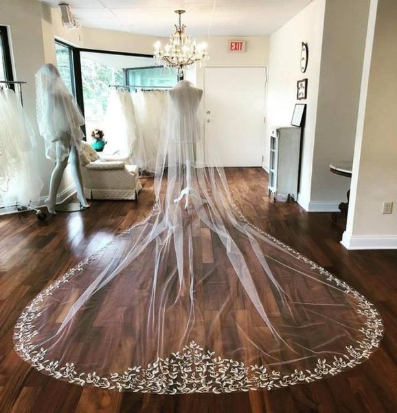 2019 Conçu Voiles De Mariage Images Réelles Longueur Cathédrale Pleine Dentelle Bord Blush Visage Appliqued 3m Long Blanc Ivoire Voiles De Mariée Cu3526228