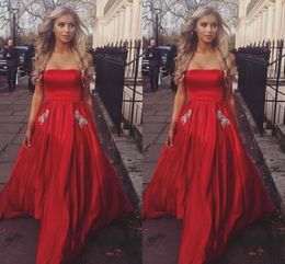 2019 Designer Red Prom Dresses Long Cheap With Pockets Beaded Crystal Strapless Jurken Evening Draag Formele Elegante Party Jurk Plus Size