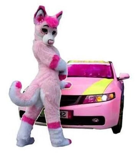 2019 Descuento venta de fábrica rosa Fursuit huskies Lobo mascota disfraz personajes cabeza Halloween fiesta de lujo ropa tamaño adulto