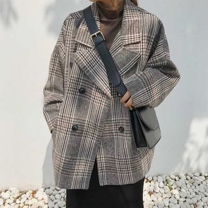 2019 début du printemps grande taille costume manteau à carreaux femmes lâche mince costume à carreaux à double boutonnage mode manteau décontracté femme z29 x0721