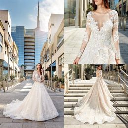 2019 Eddy K A-Linie Brautkleider Spitze appliziert Sweep Zug lange Ärmel Strand Boho Brautkleid Juwel Plus Size Brautkleider R214S