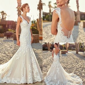 2019 Eddy k plage robes de mariée sirène col en V blanc Boho robes de mariée de mariage abiti da sposa dos nu Abito da sposa en cristallo corto