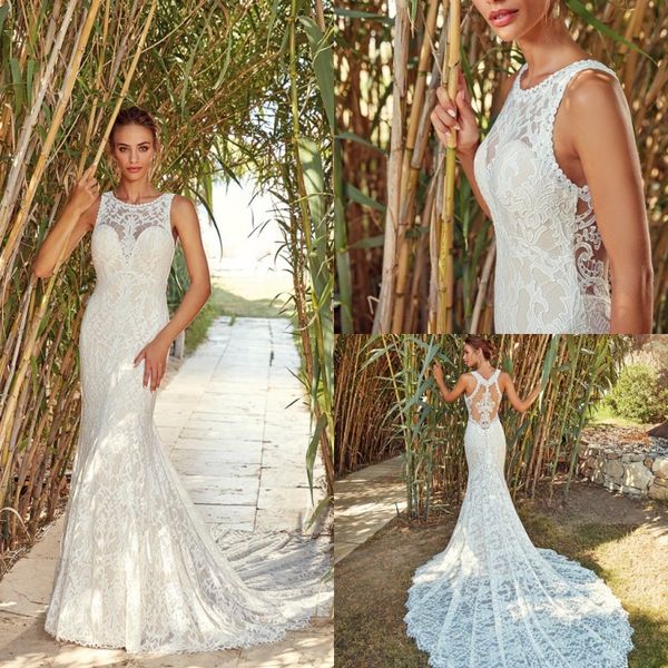 2019 Eddy k Beach Sirena Vestidos de novia Joya con cuello Vestidos de novia de encaje Abiti da sposa Vestido de novia Boho Barato