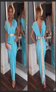 2019 Elegant Arabic Kaftan Dubai Robes de soirée longues Garnières courtes en mousseline V Couper Coule de ruban bon marché Bides de fête nuptiale3493833
