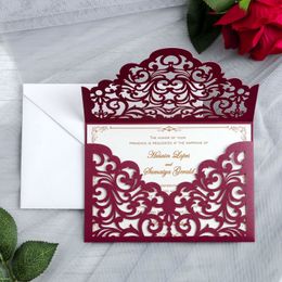 2020 Elegant Burgundy Laser Cut Invitations Cartes pour Mariage Bridal Douche Engagement Anniversaire Demandation d'anniversaire Invite
