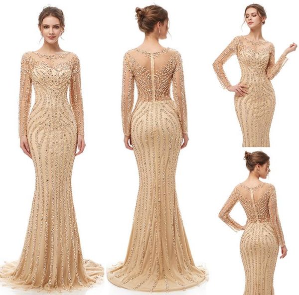 2019 Elegante champán de lujo con cuentas de cristal sirena vestidos de noche yousef aljasmi Robe De Soiree pura cuello de tul árabe Prom Fo8380830