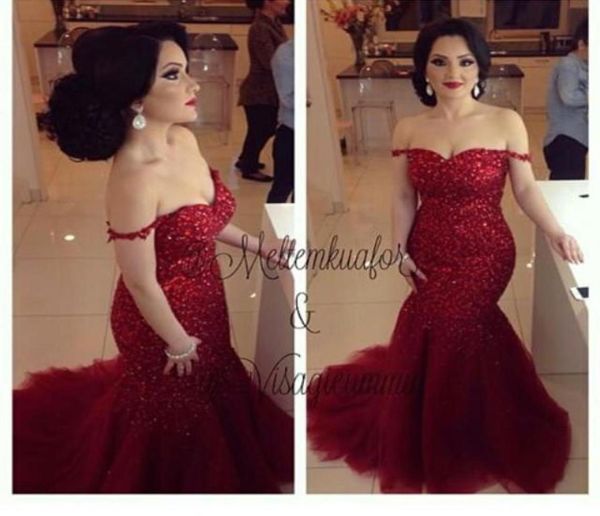 2019 Elegant Dark Red Formal Mermaid Vestidos de noche fuera del hombro Sexy Gowns Prom Gowns Shiny Sequins Slim Party DR8132516