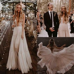 2019 Elegante Diepe V-hals Naakt Champagne Lange Trouwjurken Boho Beach Vintage Lace Bohemian Bruidsjurken Sexy Backless Vestido 2297