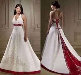 2019 Elegante cuello halter Vestidos de novia Bordado Barrido Tren Corsé blanco y rojo Por encargo Vestidos de novia para la iglesia