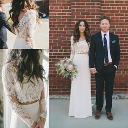 2019 élégant bijou cou à manches longues robes de mariée deux pièces dentelle Appliques gaine longueur de plancher robe de mariée sur mesure