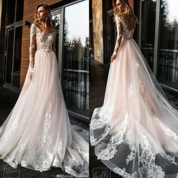 2019 Elegante Kant Geappliceerde Trouwjurken V-hals A-lijn Plus Size Bruidsjurk Boho Goedkope Maatwerk Trouwjurk Met Lange Mouwen 22686