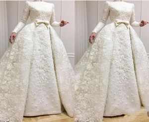 2019 Elegante kant met lange mouwen Moslim trouwjurken Aline Appliques Plus Size met boog bruids trouwjurken Vestido de novia bri8281399