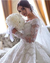 2019 Elegante Lange Mouwen Baljurk Trouwjurken V-hals Kant Applique Pailletten Kristal Kralen Op Maat Gemaakt Kapel Bruiloft Bridal204N