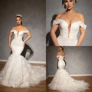 2019 élégantes robes de mariée sirène hors épaule balayage train robes de mariée, plus la taille tulle dentelle appliques robe de mariée