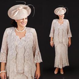 2019 Elegante Kleider für die Brautmutter, dreiteilig, volle Spitze, Brautkleider für Mütter, knöchellang, Übergröße, günstige Mütter G2615