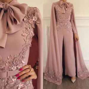 2019 elegante roze jumpsuits avondjurken met wrap lange mouwen geappliceerd plus size prom jurk kralen outfit formele feestjurken Custom
