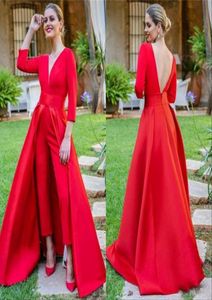 2019 robes de soirée rouges élégantes avec train détachable col en V manches longues dos nu combinaisons personnalisées femmes robe de soirée de bal formelle1241481