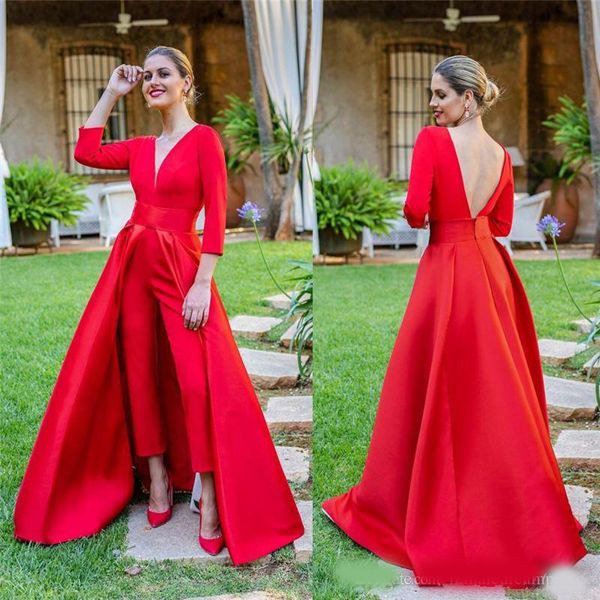 Elegante encaje rojo una línea vestidos de noche hasta el suelo mangas largas vestidos de graduación monos personalizados mujeres vestido formal graduación envío gratis