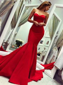 2019 elegante rojo largo satén sirena vestidos de noche simple cariño barrido tren mujeres ocasión especial vestido formal vestidos de baile 2019