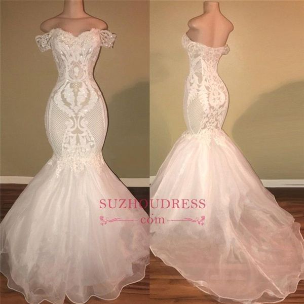 Robe de bal sirène blanche élégante, épaules dénudées, paillettes, dentelle, Organza, robes de soirée formelles, grande taille, Photos réelles, sur mesure